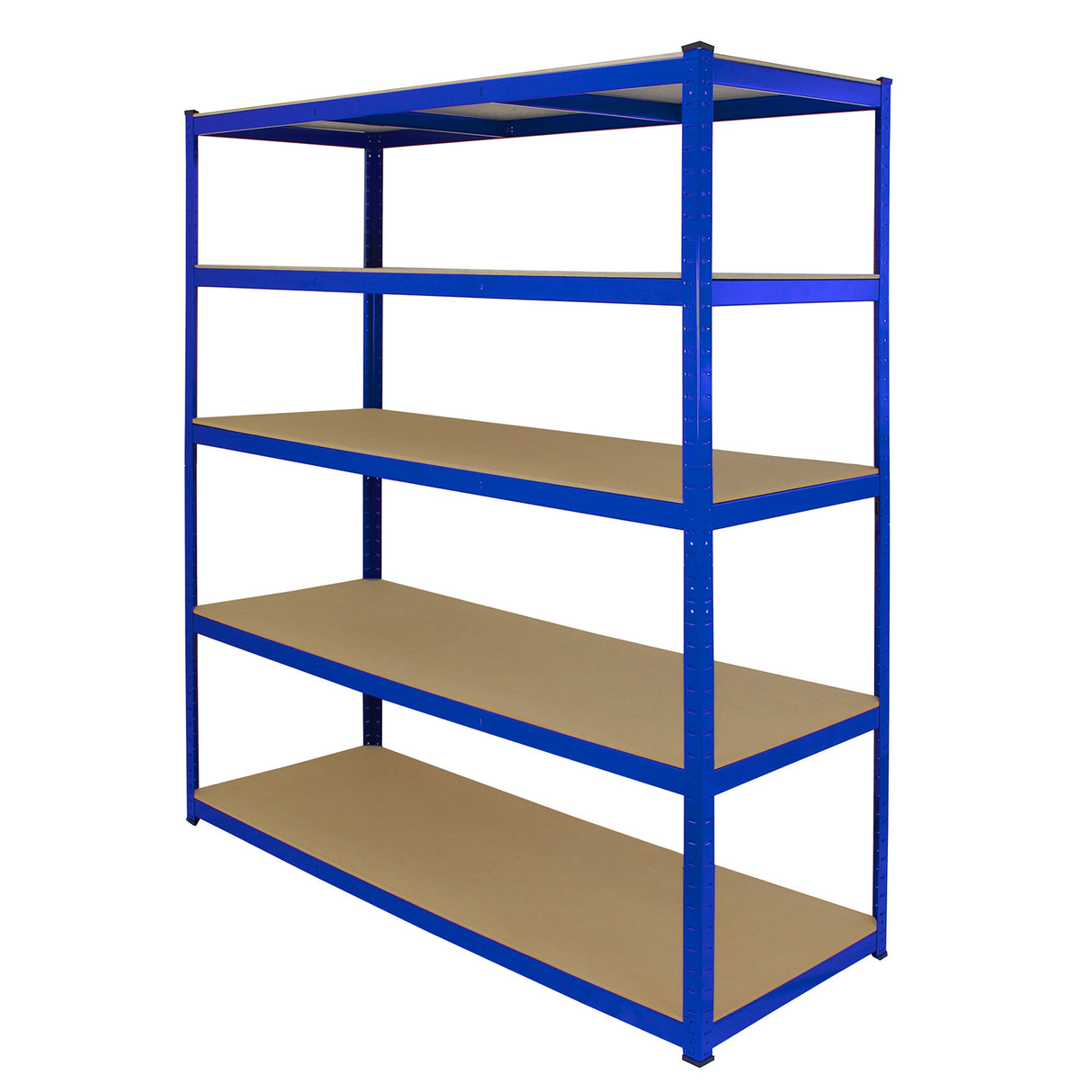Rayonnage T-Rax en acier bleu, dimensions 160cm x 60cm x 180cm, avec étagères en bois clair, structure robuste et moderne