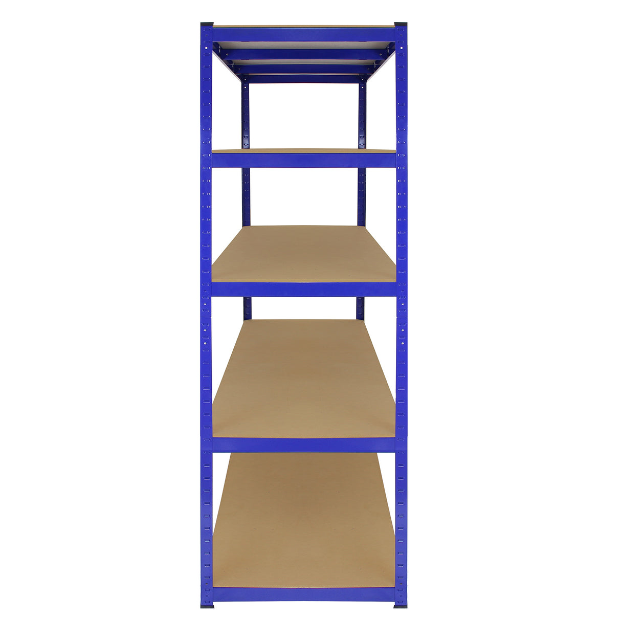 Rayonnage T-Rax en acier bleu, dimensions 160cm x 60cm x 180cm, avec cinq étagères en bois clair, idéal pour le rangement robuste
