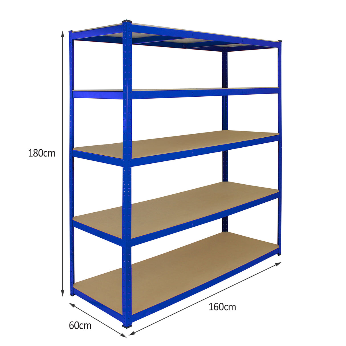 Rayonnage T-Rax en acier bleu, dimensions 160cm x 60cm x 180cm, avec cinq étagères en bois, offrant une structure robuste et spacieuse