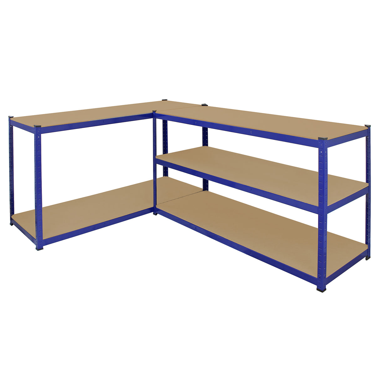 Rayonnages T-Rax en acier bleu, dimensions 160cm x 60cm x 180cm, avec étagères en bois beige, structure robuste et moderne