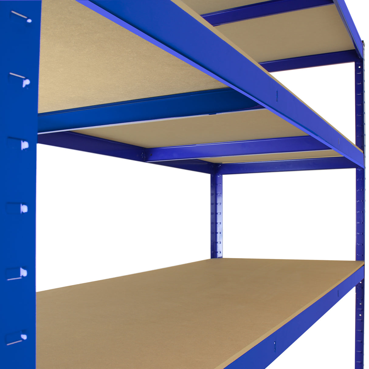 Rayonnages T-Rax en acier bleu, dimensions 160cm x 60cm x 180cm, avec étagères en bois clair, offrant une grande capacité de stockage