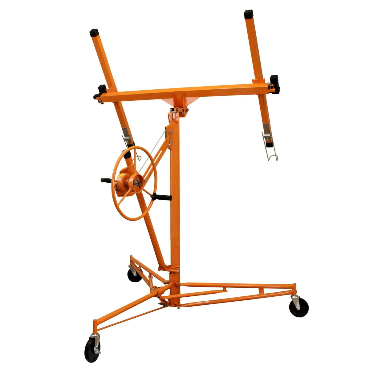 Lève-Plaques en métal orange, avec bras réglables et roues, conçu pour soulever des plaques de plâtre jusqu'à 5 m de hauteur