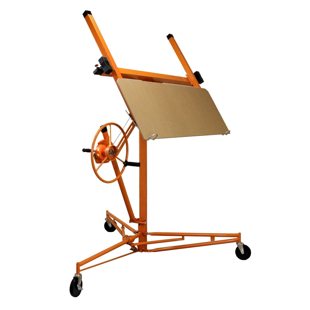 Lève-plaques en métal orange, conçu pour soulever des plaques de placoplâtre, avec roues et manivelle pour un ajustement facile
