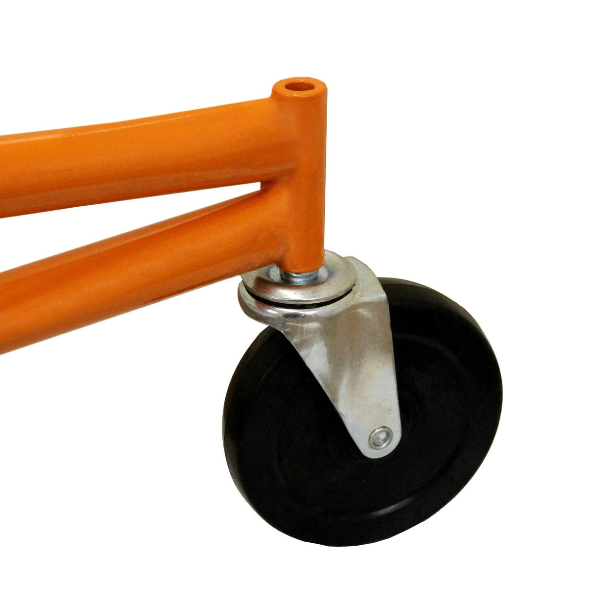Roue en caoutchouc noir avec support en métal argenté, fixée à un cadre orange, conçue pour un lève-plaques de placoplâtre