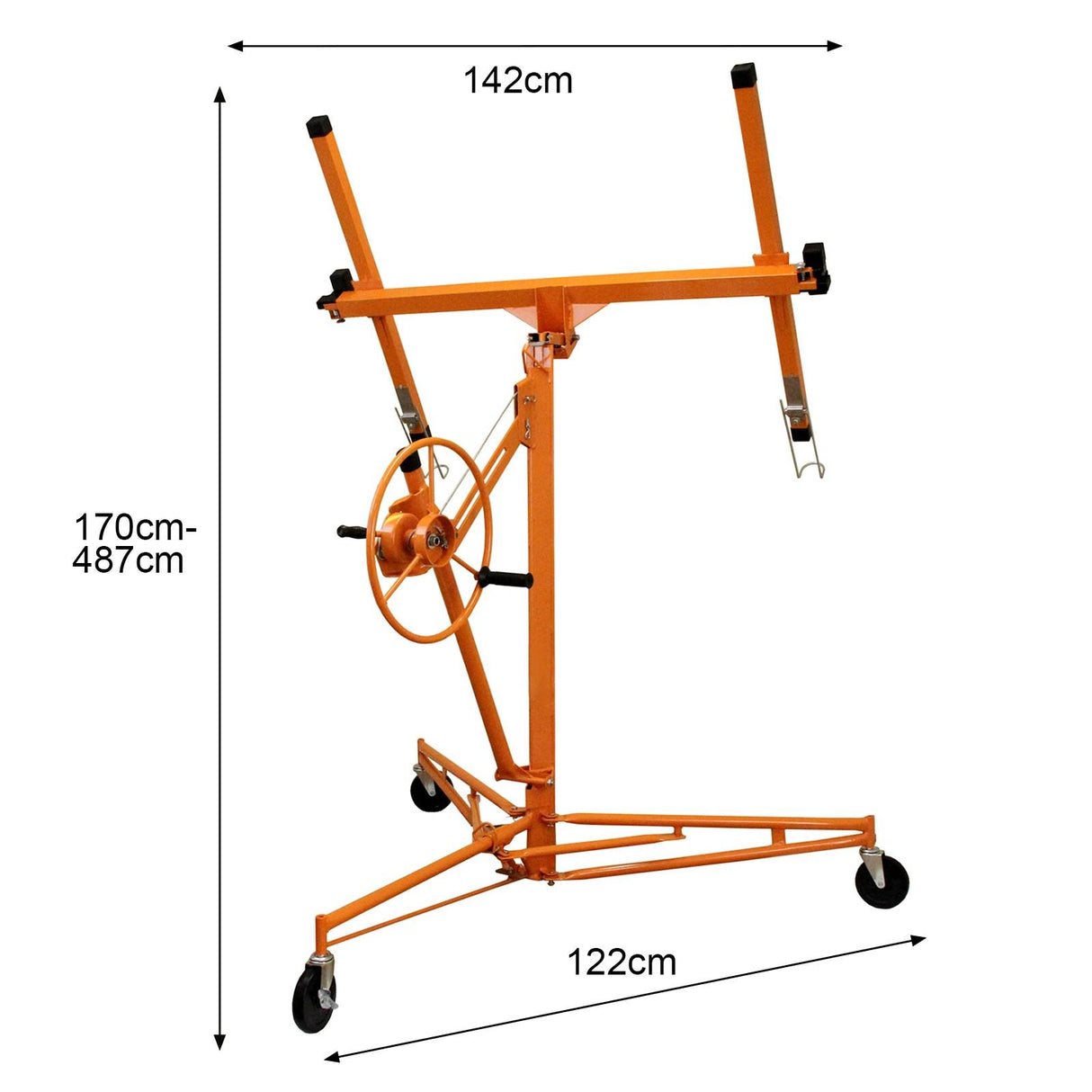 Lève-plaques en métal orange, réglable de 170 cm à 487 cm, avec roues et manivelle pour un transport facile et une utilisation pratique
