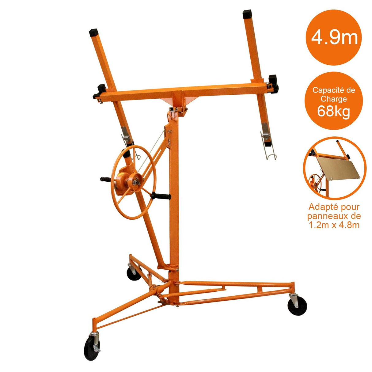 Lève-Plaques en métal orange, hauteur réglable jusqu'à 4,9 m, conçu pour soulever des panneaux de placoplâtre jusqu'à 68 kg