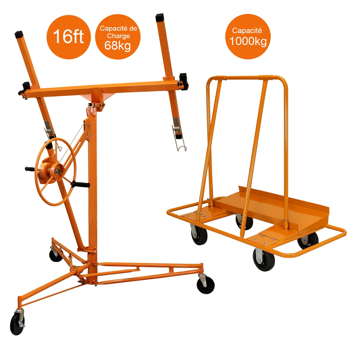 Lève-plaques orange de 5 m avec chariot, roues robustes, capacité de charge de 1000 kg, idéal pour manipuler le placoplâtre