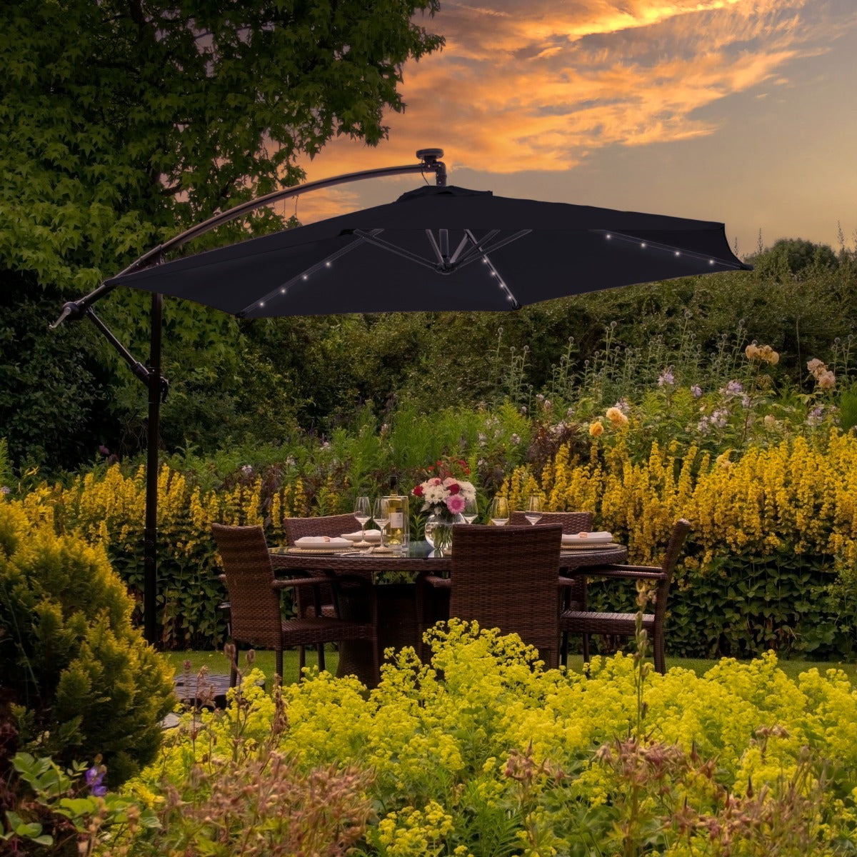Parasol Noir 3m avec LED's Intégrés avec Base Carrée
