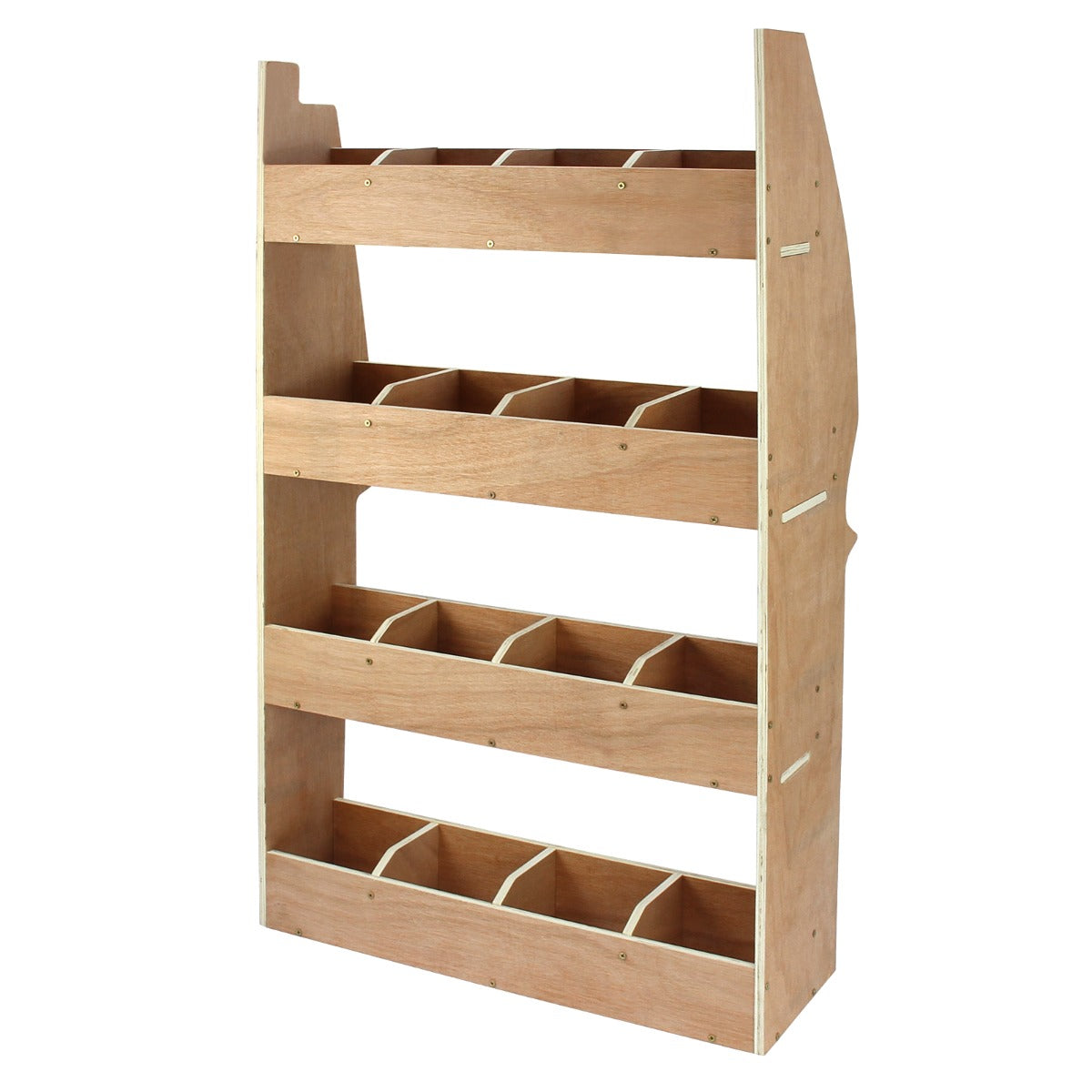 Rangement en MDF avec finition bois clair, comportant quatre étagères et plusieurs compartiments pour un stockage organisé et pratique