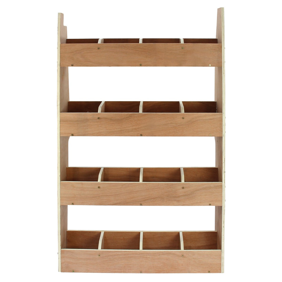 Rangement en MDF clair avec quatre étagères et plusieurs compartiments, idéal pour organiser l'intérieur d'un Berlingo