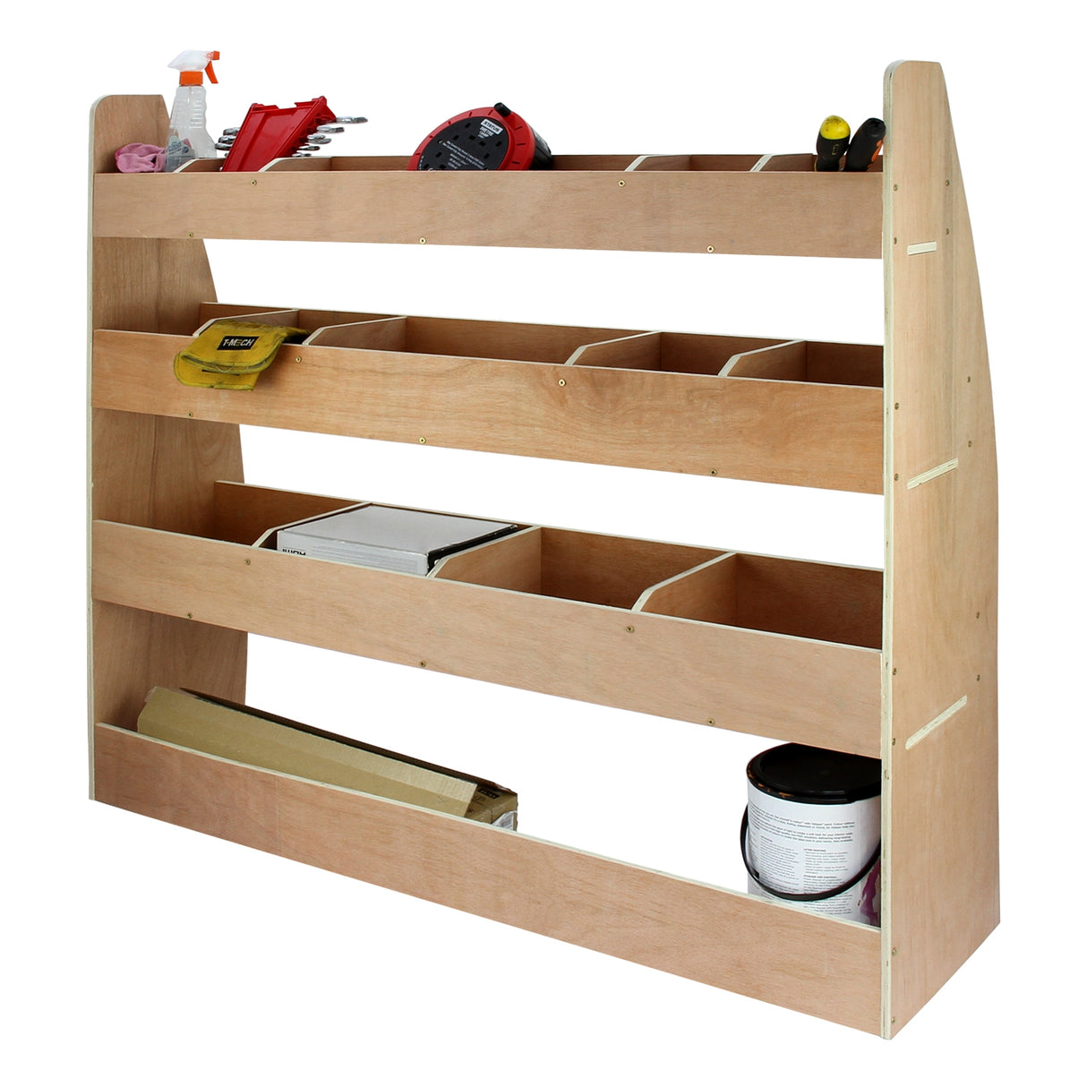 Rangement MDF en bois clair avec plusieurs compartiments, idéal pour organiser des outils et accessoires dans un VW Caddy Maxi