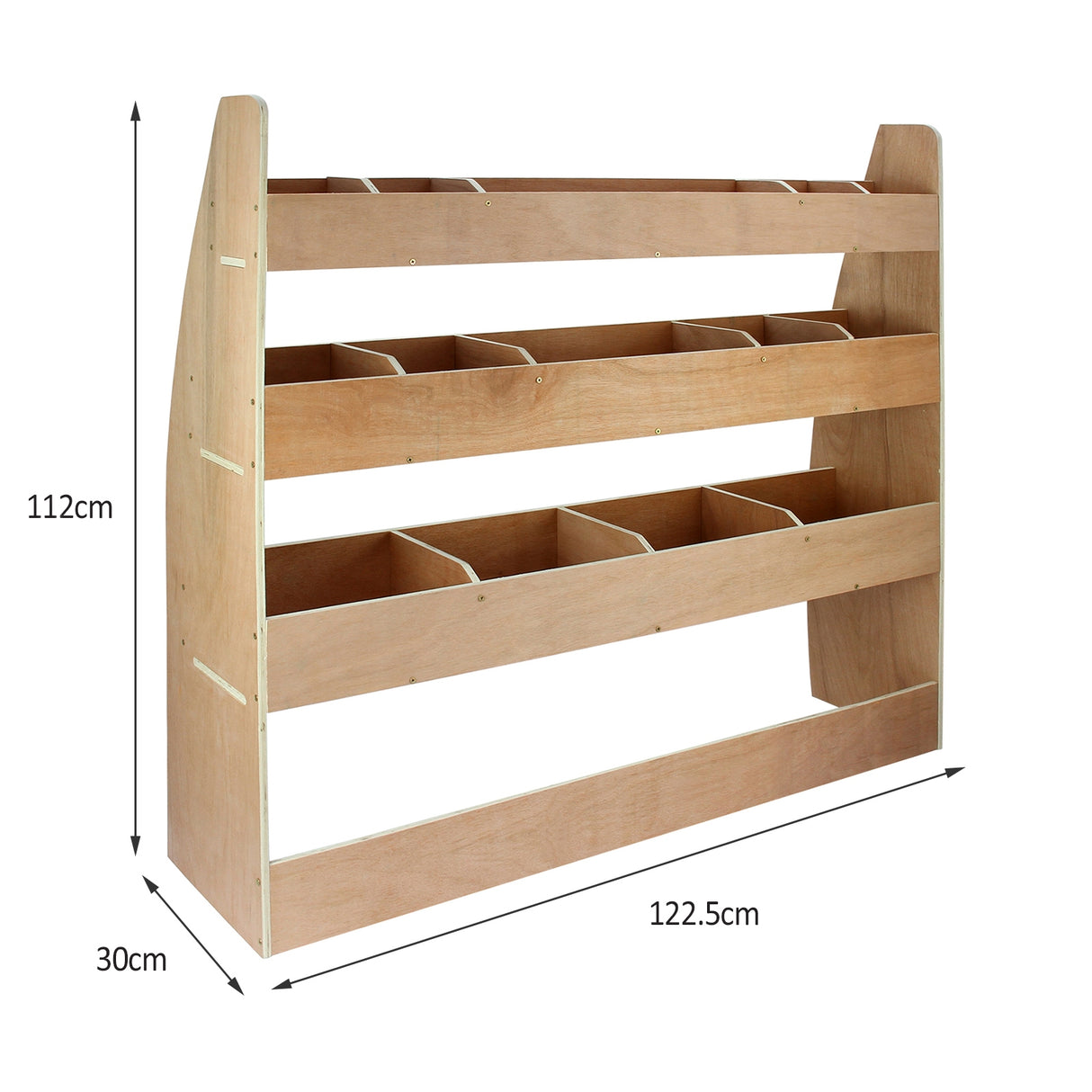 Rangement en MDF clair avec six compartiments, conçu pour s'adapter à l'intérieur d'un VW Caddy Maxi, dimensions 122,5 cm x 112 cm x 30 cm