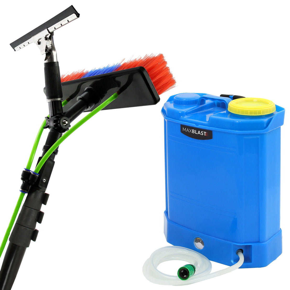 Réservoir d'eau bleu de 16 L avec robinet, accompagné d'une perche de nettoyage noire et rouge, idéale pour le lavage extérieur