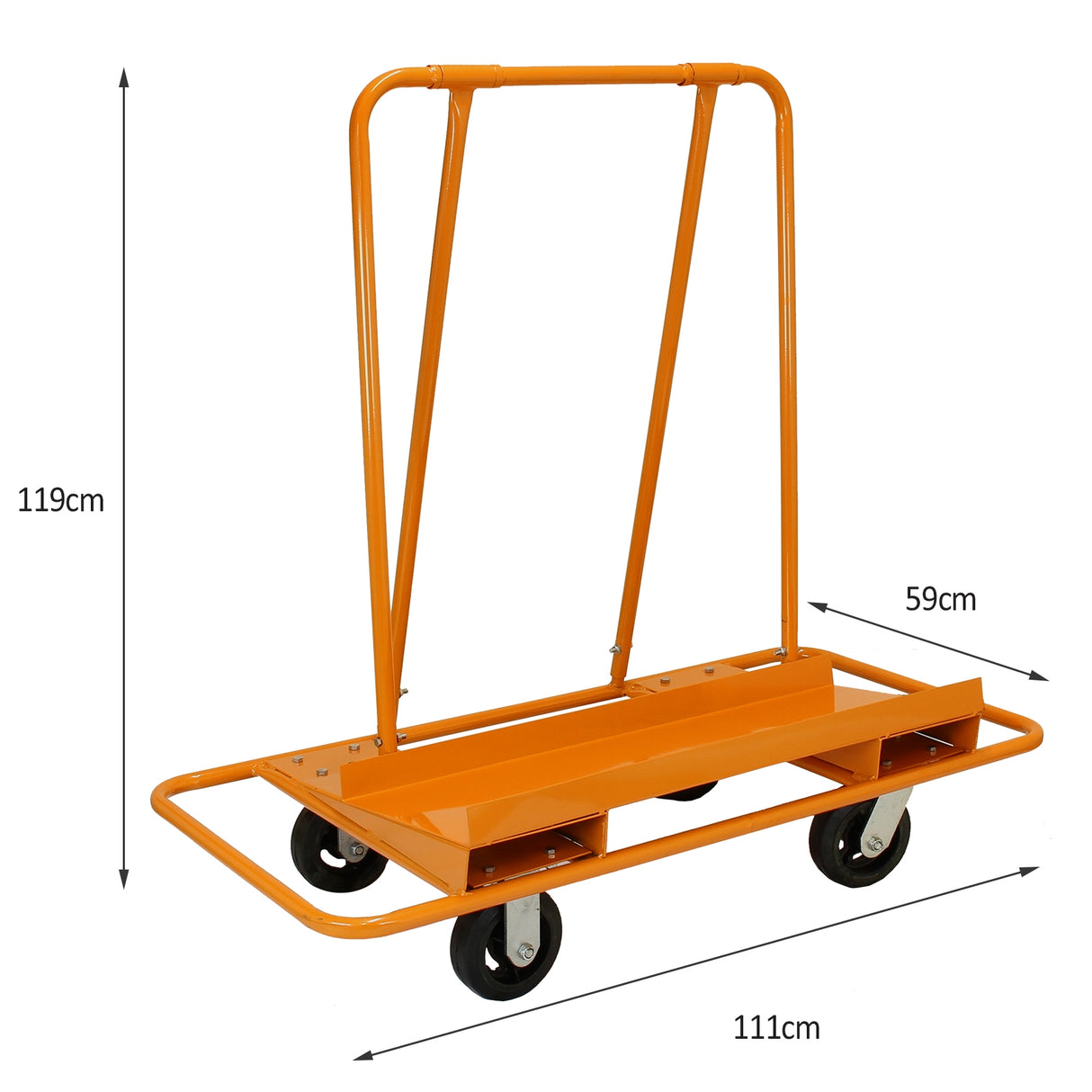 Chariot de levage orange pour plaques de plâtre, dimensions 119 cm de hauteur, 111 cm de longueur, 59 cm de largeur, avec roulettes robustes