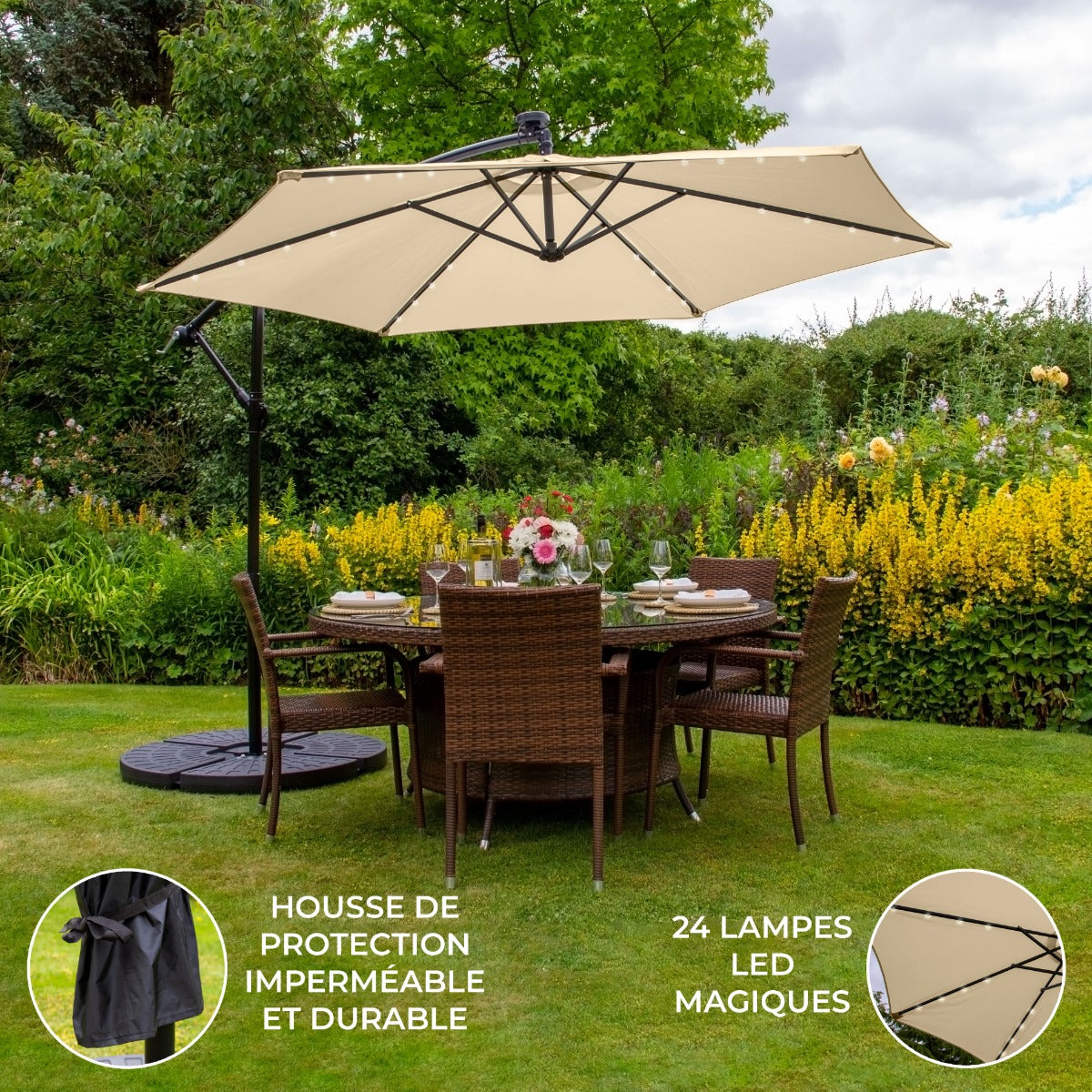 Parasol Beige 3m avec LED's Intégrés avec Base Ronde