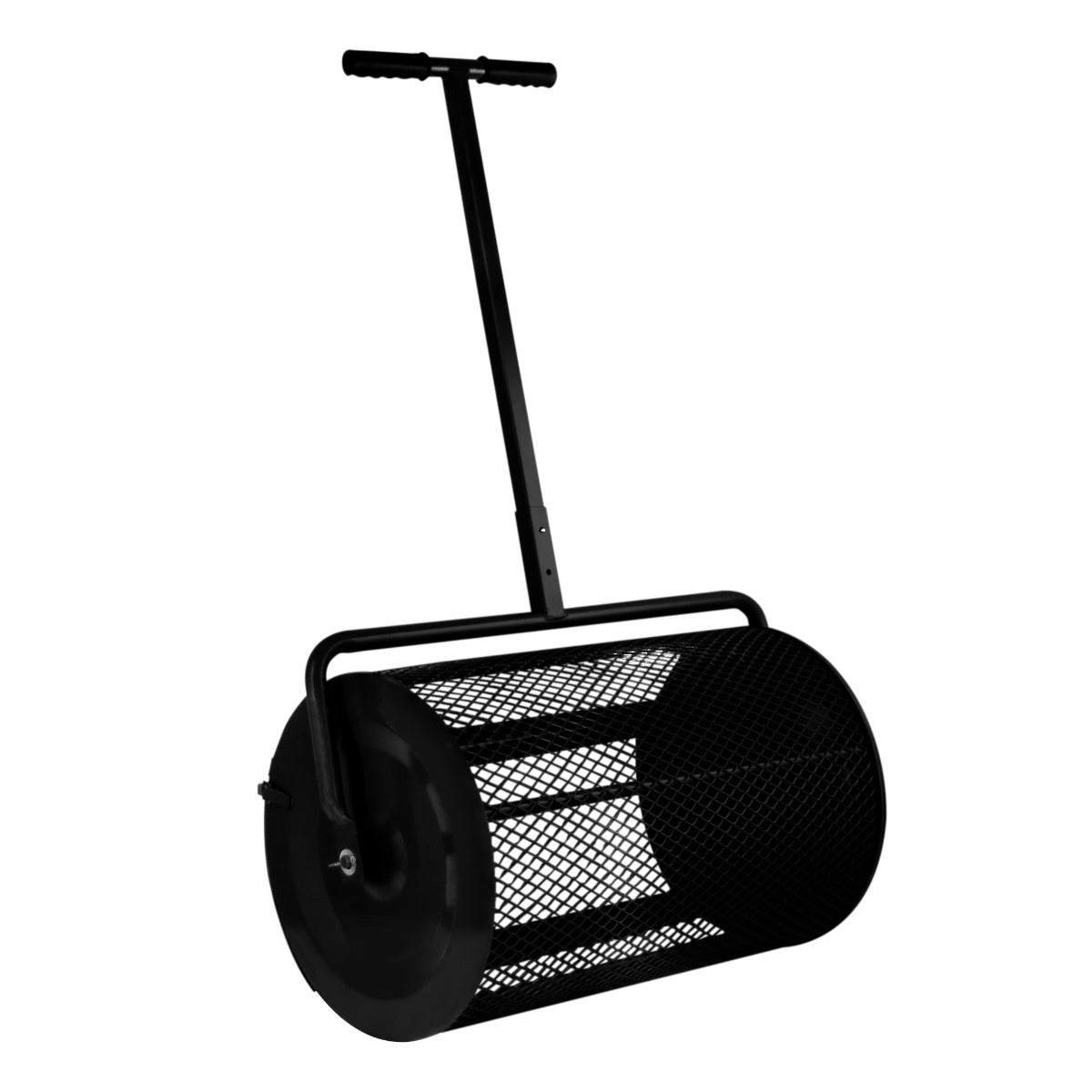 Rouleau épandeur à compost de 80 L, noir, avec un cadre en métal robuste et un tambour en treillis pour une distribution efficace