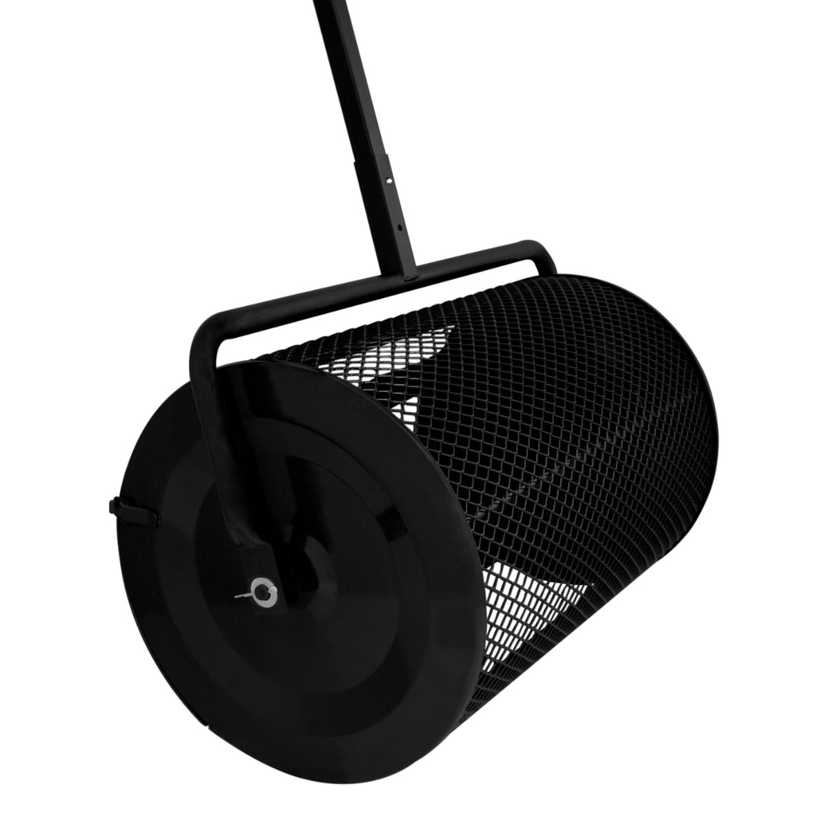 Rouleau épandeur à compost de 80 L en métal noir, avec un design cylindrique et une texture en treillis pour une distribution efficace