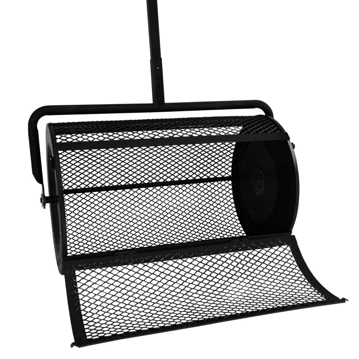 Rouleau épandeur à compost de 80 L en métal noir, avec une texture en treillis, conçu pour une distribution facile et efficace du compost