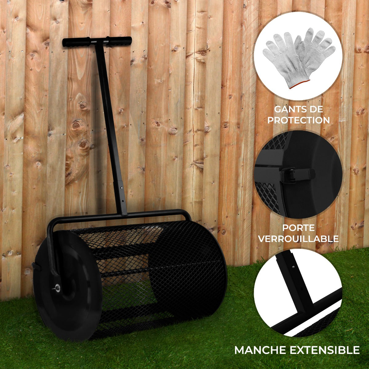 Rouleau épandeur à compost noir de 80 L avec poignée ergonomique, rouleau en métal maillé et manche extensible, idéal pour le jardinage