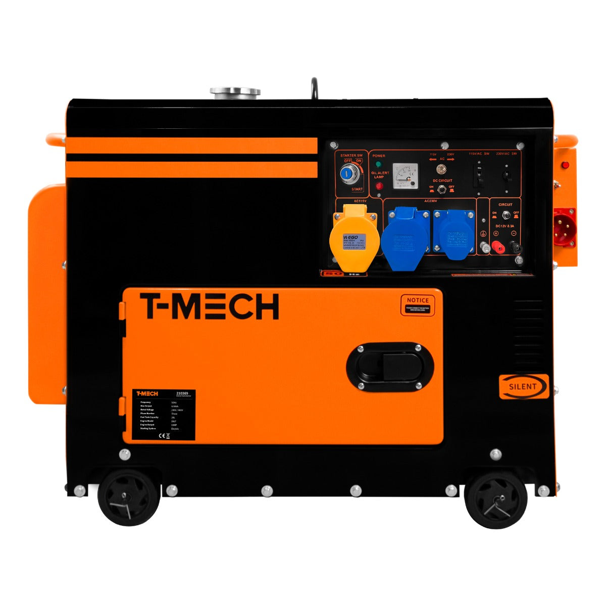 Générateur diesel T-Mech monophasé 230 V, 6 500 W, avec boîtier noir et orange, commandes claires et roues pour mobilité facile