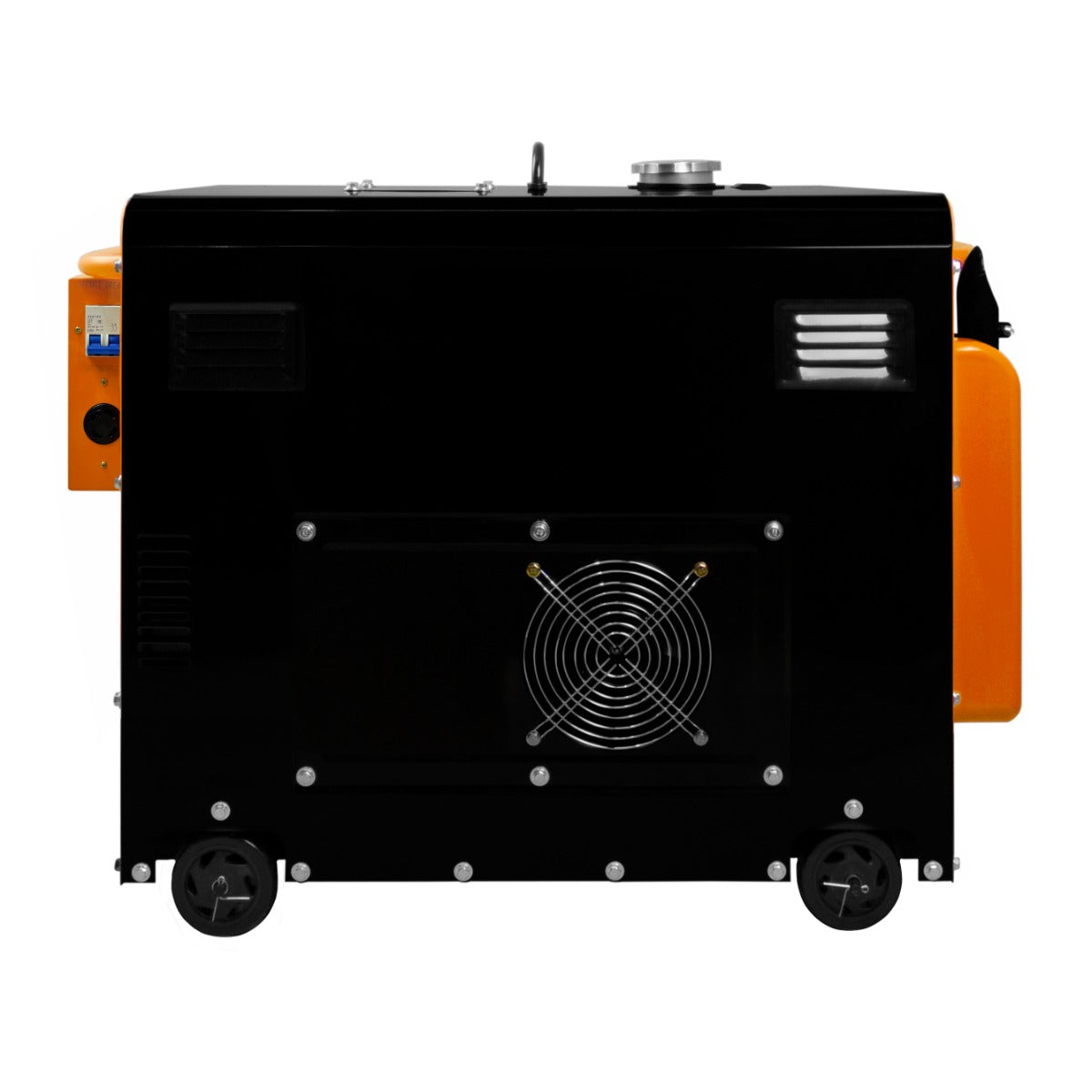 Générateur diesel monophasé T-Mech 230 V, 6 500 W, avec un boîtier noir et orange, roulettes pour mobilité, ventilateur visible
