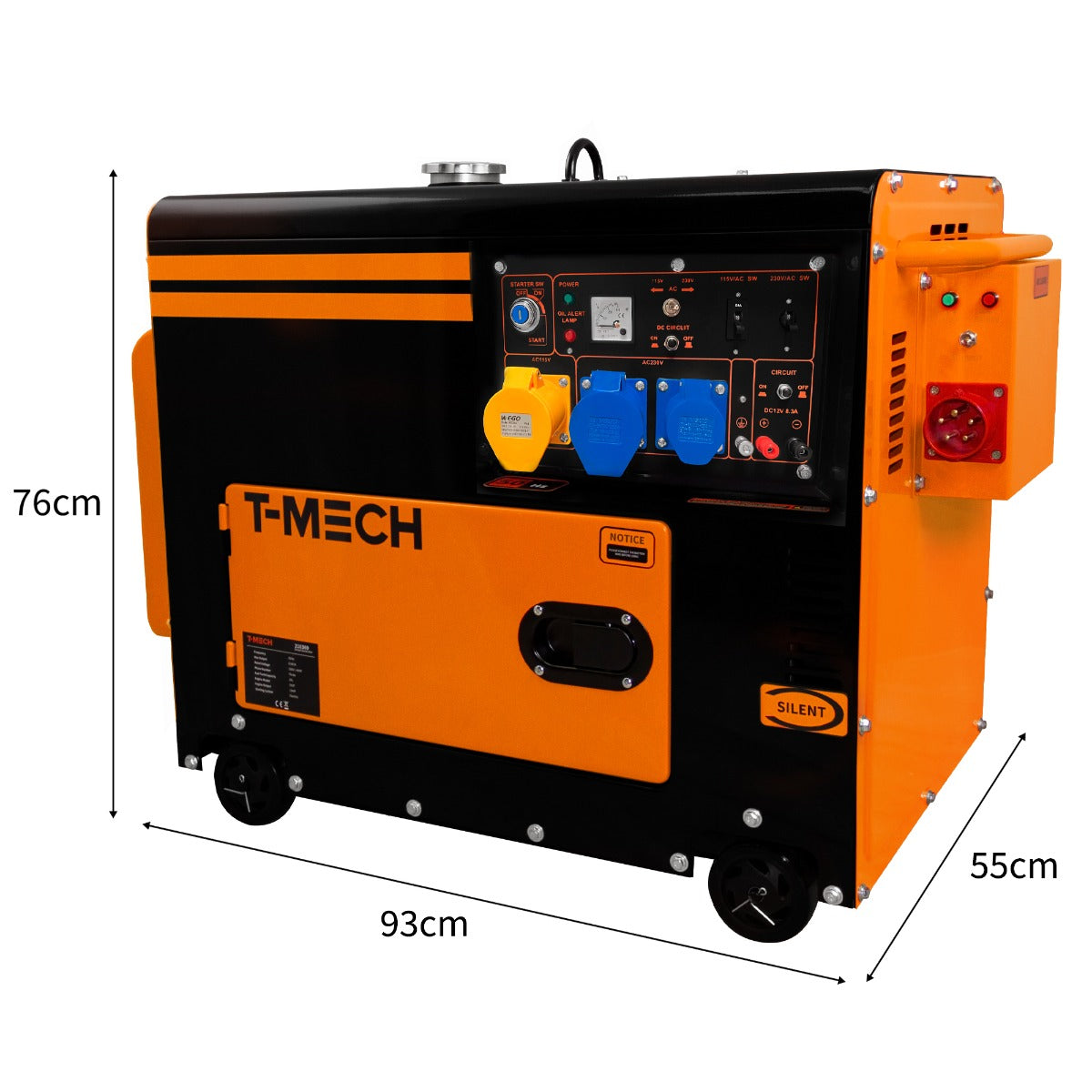 Générateur diesel T-Mech monophasé 230 V, 6 500 W, avec boîtier noir et orange, affichage numérique et prises multiples, roues pour mobilité
