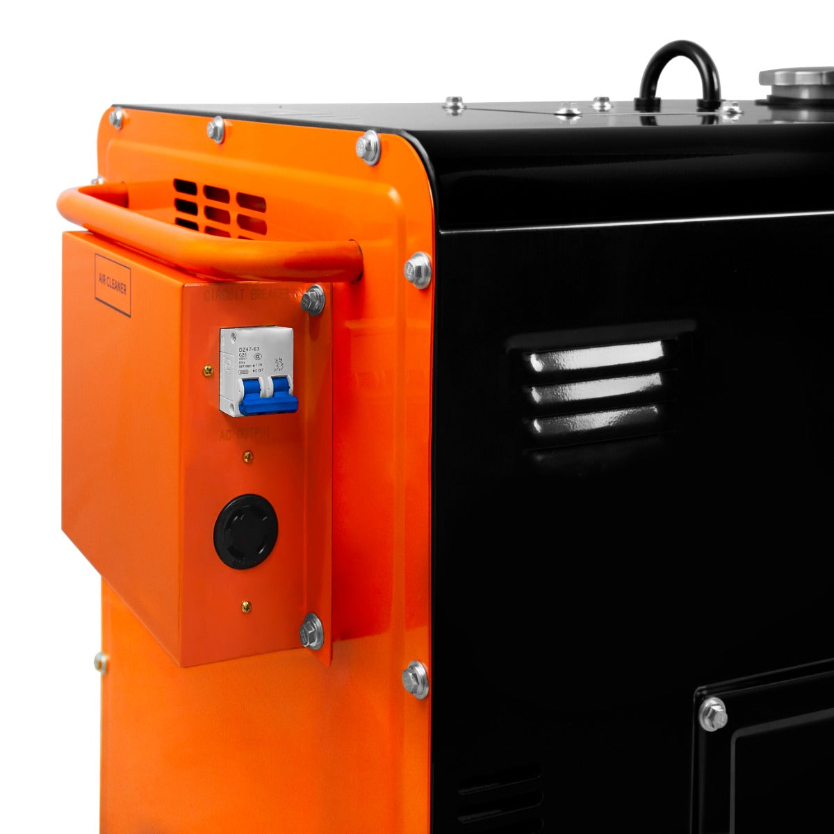 Générateur diesel monophasé 230 V avec boîtier noir et orange, prises électriques et finition robuste, idéal pour les besoins énergétiques