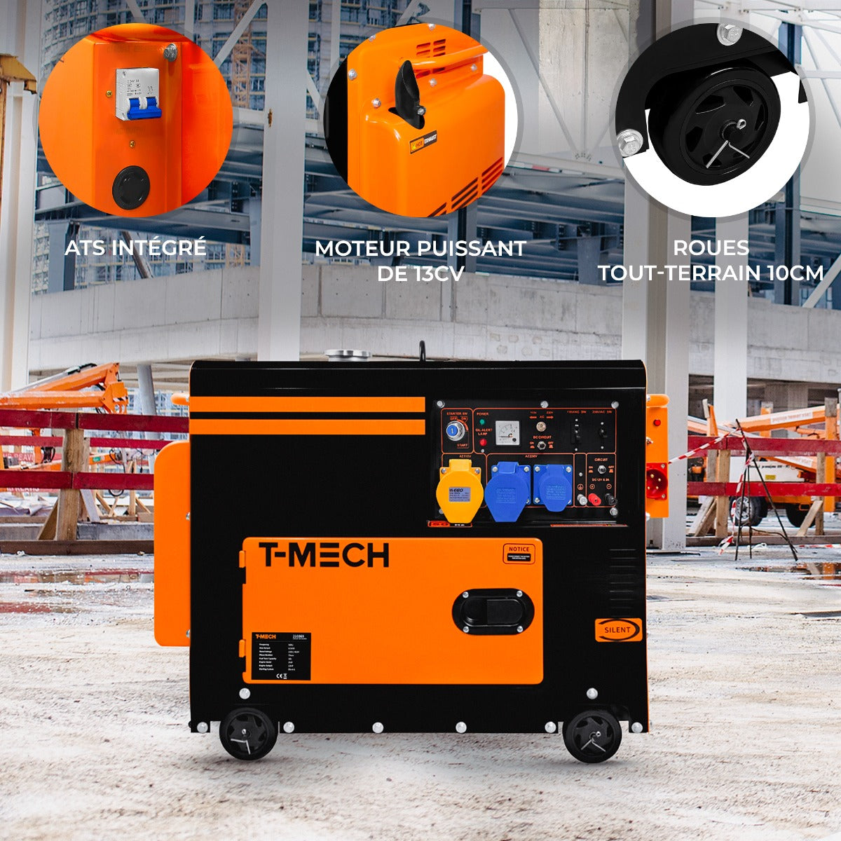 Générateur diesel monophasé T-Mech 230 V, 6 500 W, avec roues tout-terrain, prises multiples et moteur puissant de 13 CV, finition orange et noir