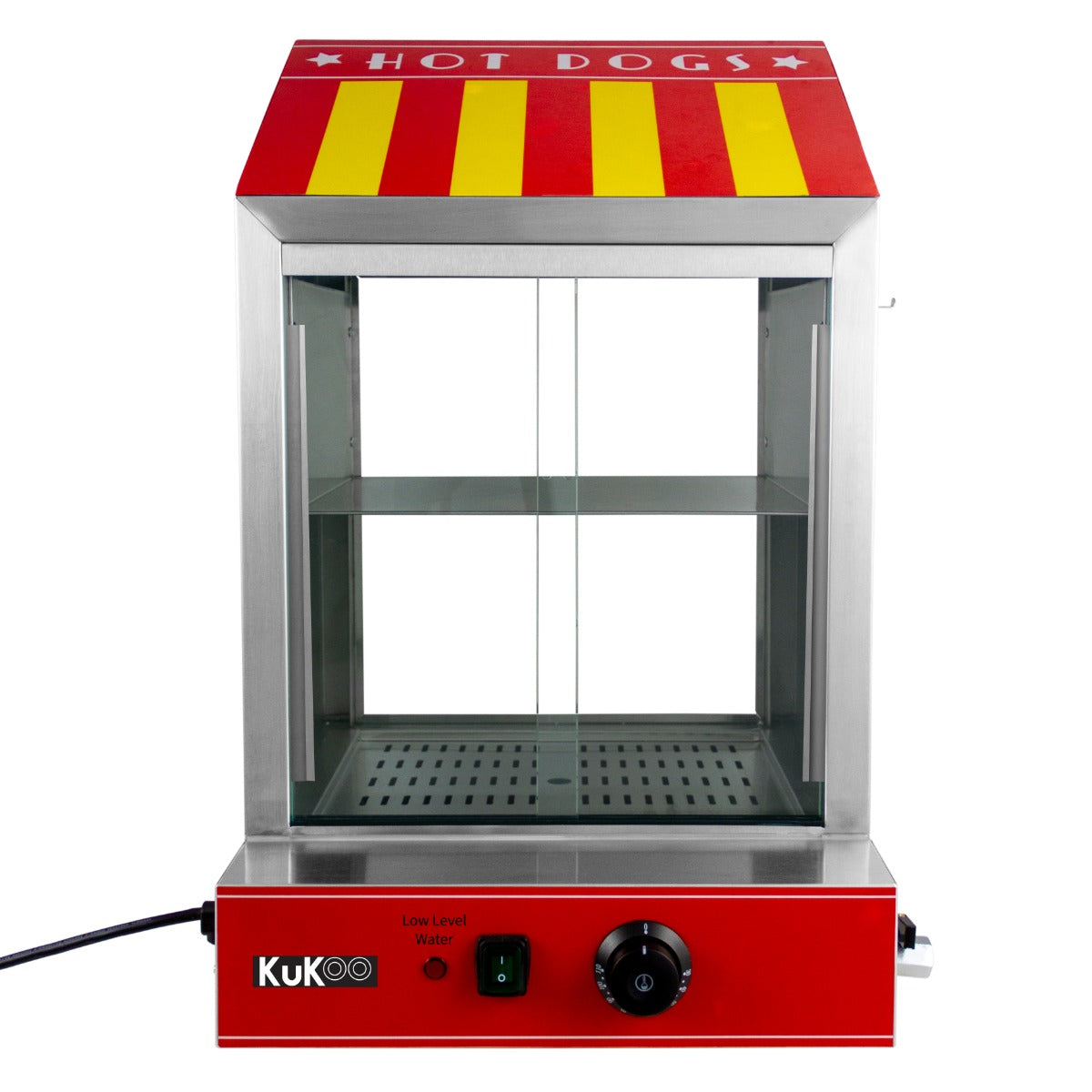Cuiseur vapeur commercial KuKoo pour hot dogs avec toit rouge et jaune, structure en acier inoxydable, vitres transparentes et étagères en métal