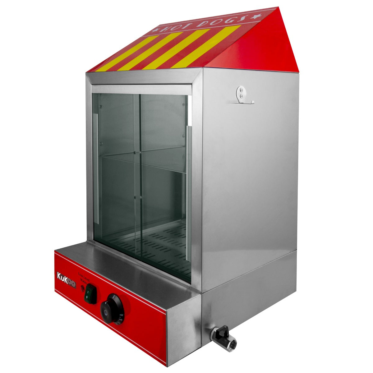 Cuiseur vapeur commercial KuKoo pour hot dog, en acier inoxydable brillant avec un toit rouge et des rayures jaunes, design moderne et fonctionnel
