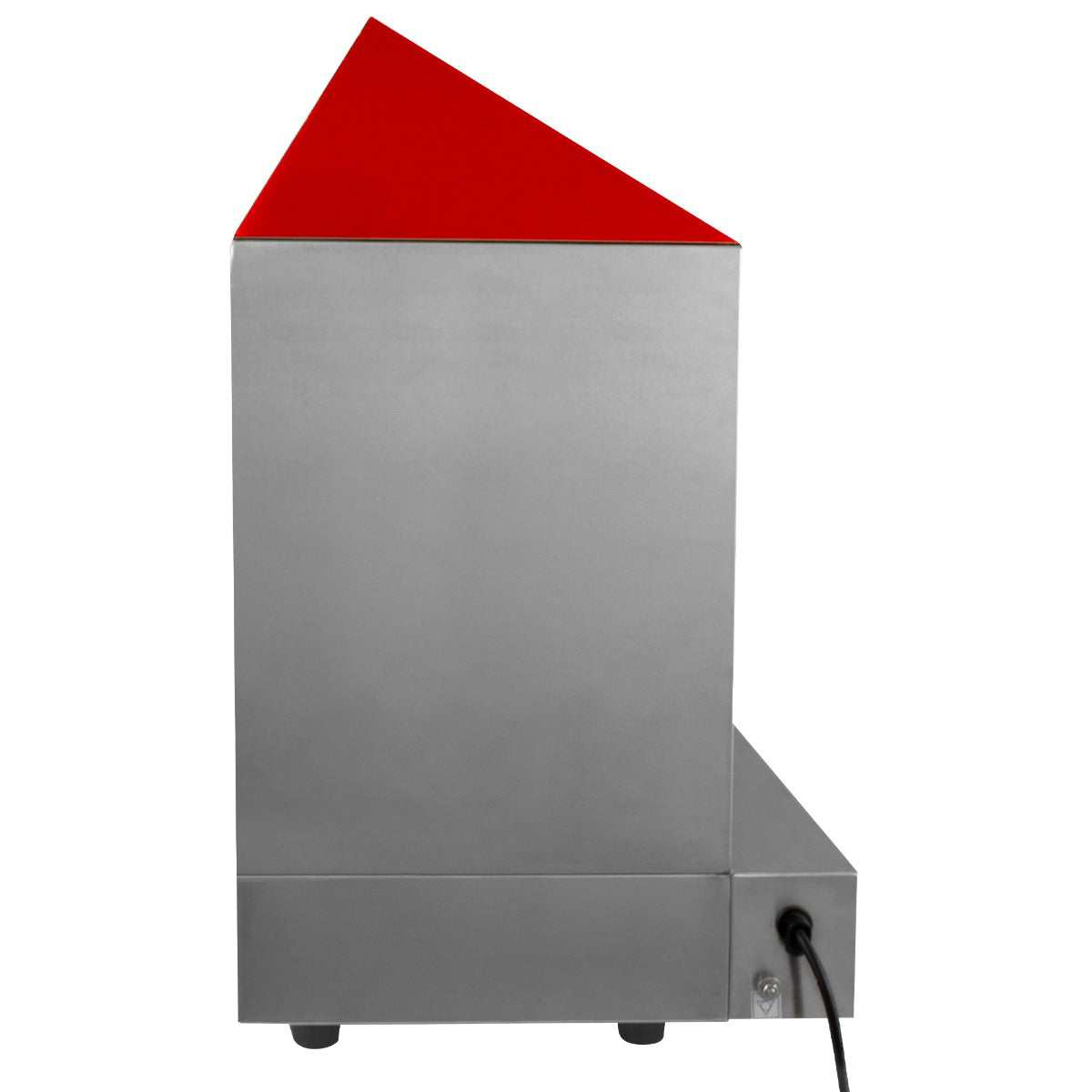 Cuiseur vapeur commercial pour hot dog en acier inoxydable avec un toit rouge en forme de triangle, design moderne et épuré