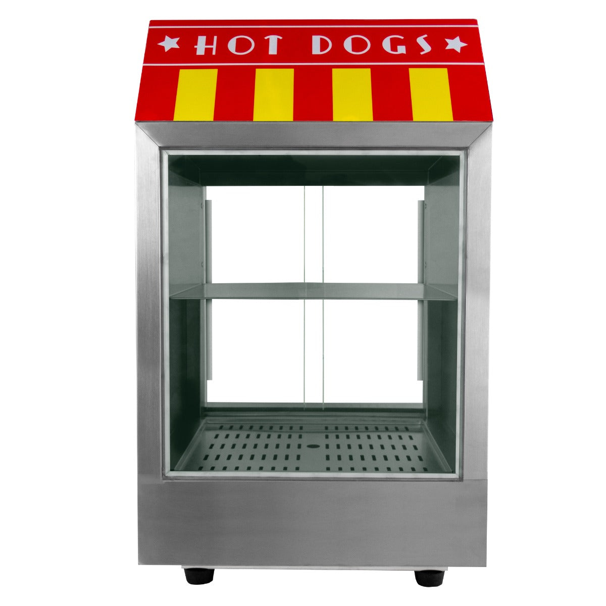 Vitrine en acier inoxydable pour hot dogs, avec toit rouge et jaune, deux étagères, et portes en verre transparent pour une visibilité optimale