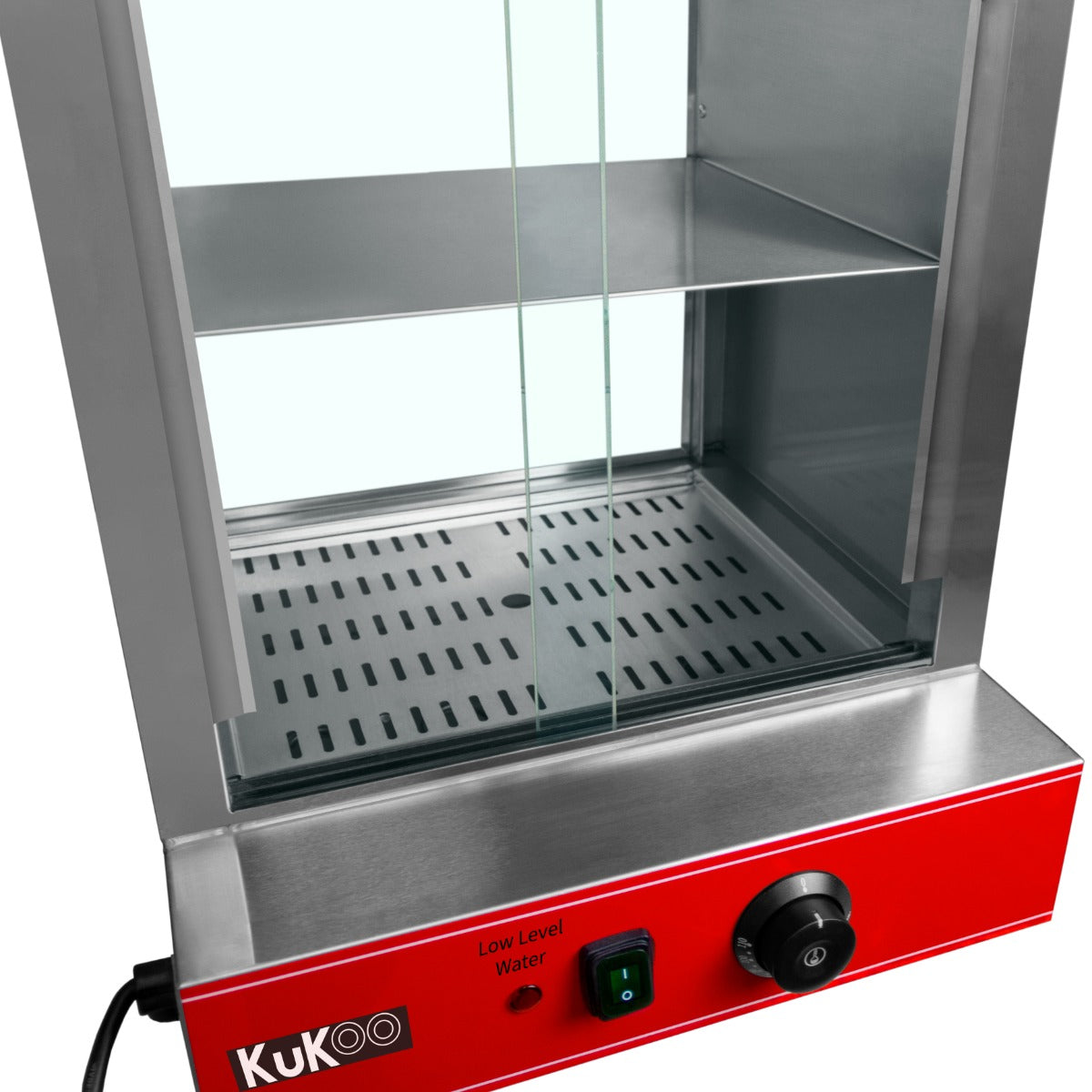 Cuiseur vapeur commercial KuKoo pour hot dogs, en acier inoxydable, avec étagères en verre et panneau de contrôle rouge élégant