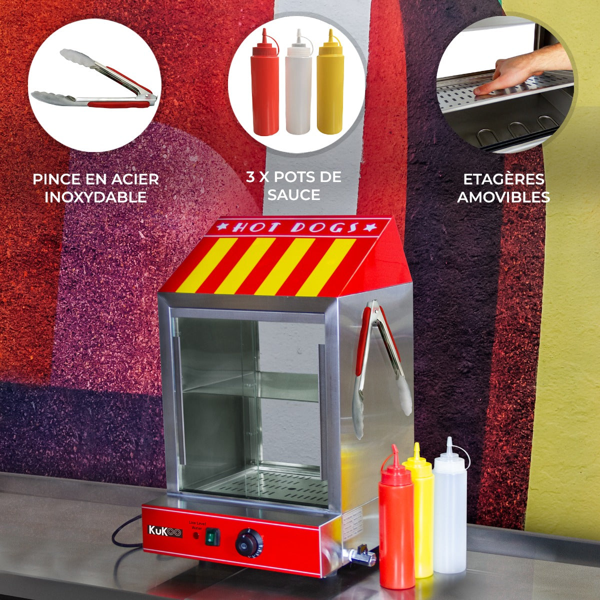 Cuiseur vapeur commercial KuKoo pour hot dogs avec étagères amovibles, pots de sauce rouge, jaune et blanc, et pince en acier inoxydable