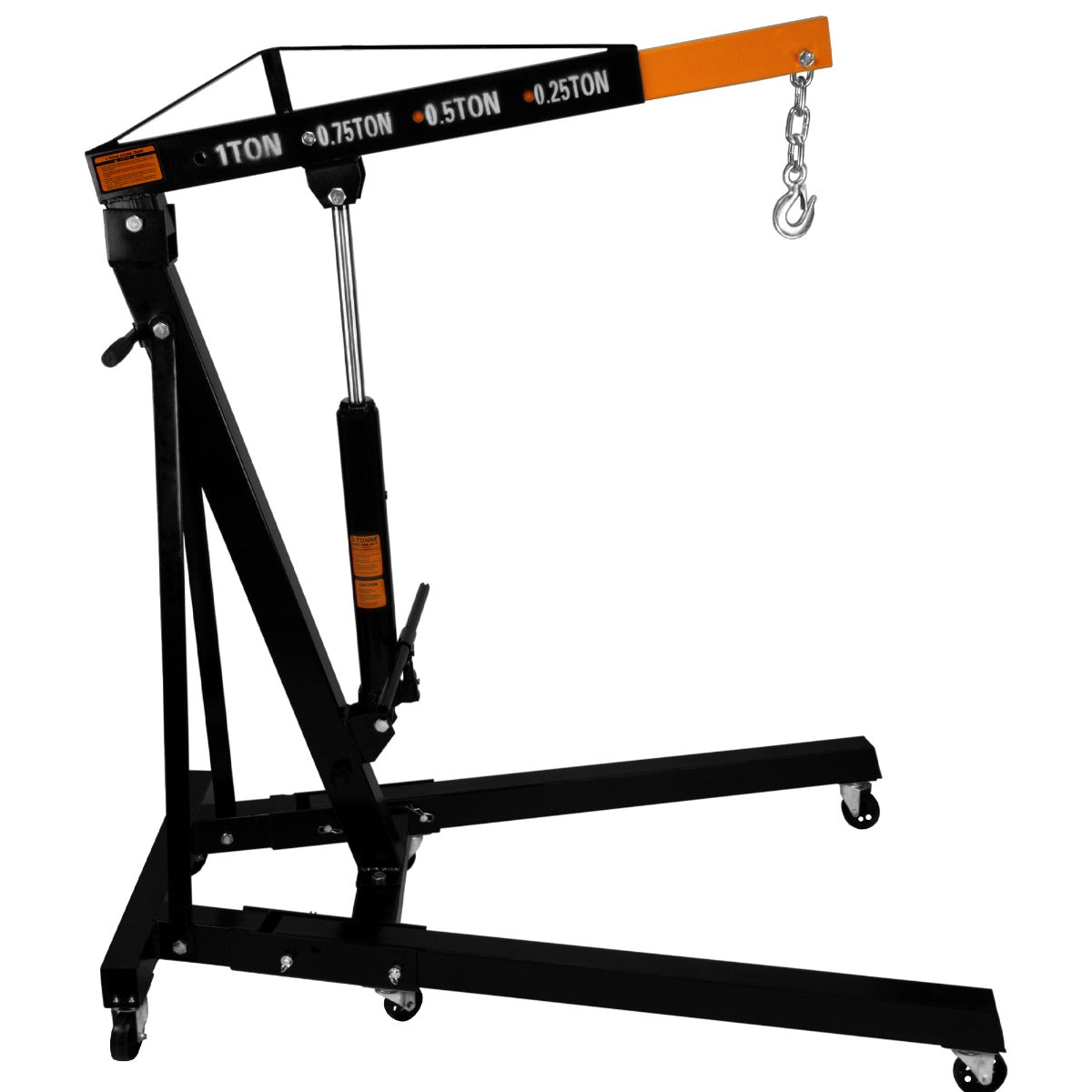Grue hydraulique T-MECH noire avec bras articulé, roulettes, et crochet, conçue pour soulever jusqu'à 1 tonne avec robustesse