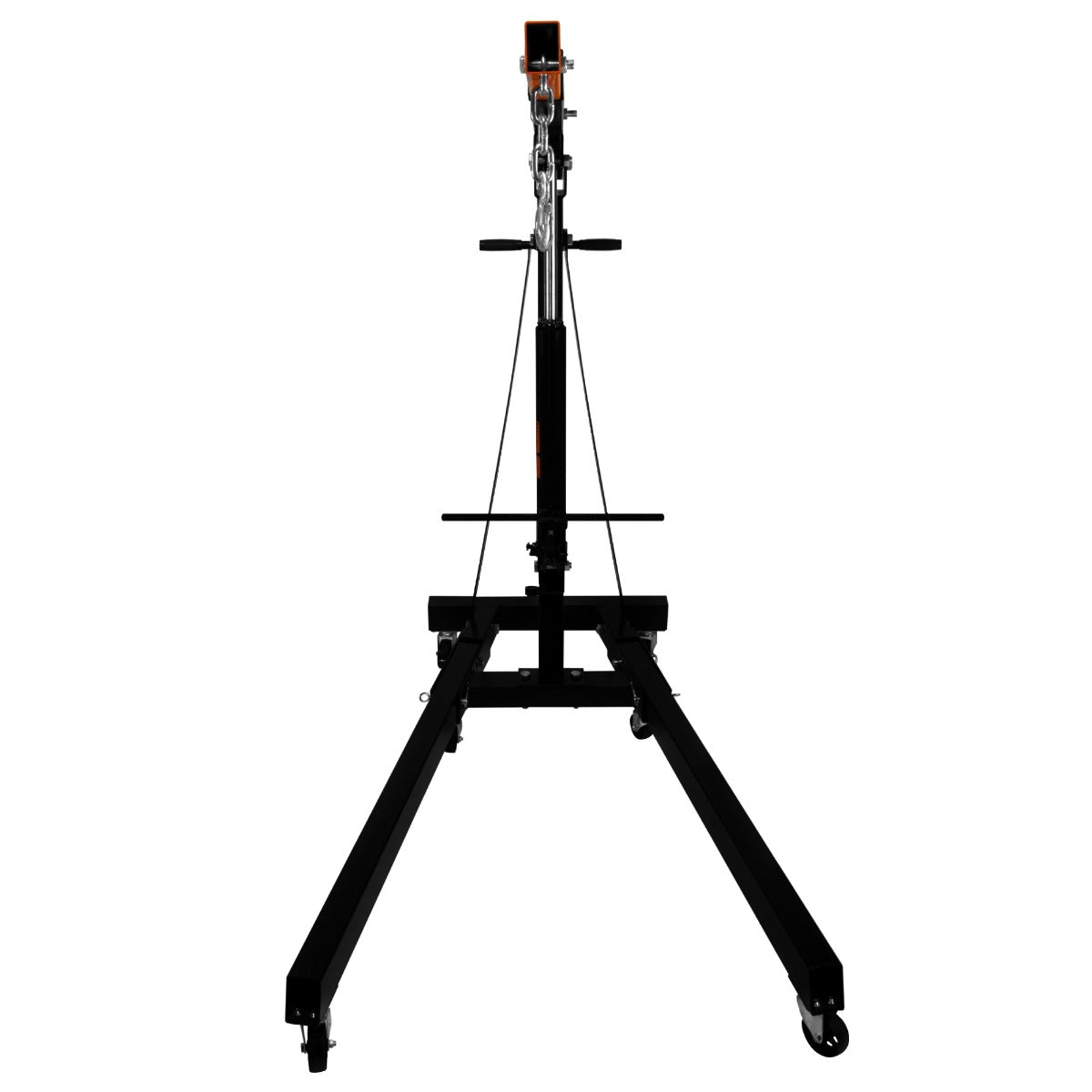 Grue hydraulique T-MECH d'une tonne, structure noire robuste avec roulettes, bras articulé et système de levage efficace