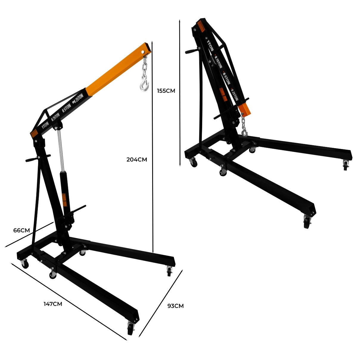 Grue hydraulique T-MECH d'une tonne, structure noire robuste, bras orange, dimensions indiquées pour un usage pratique et efficace