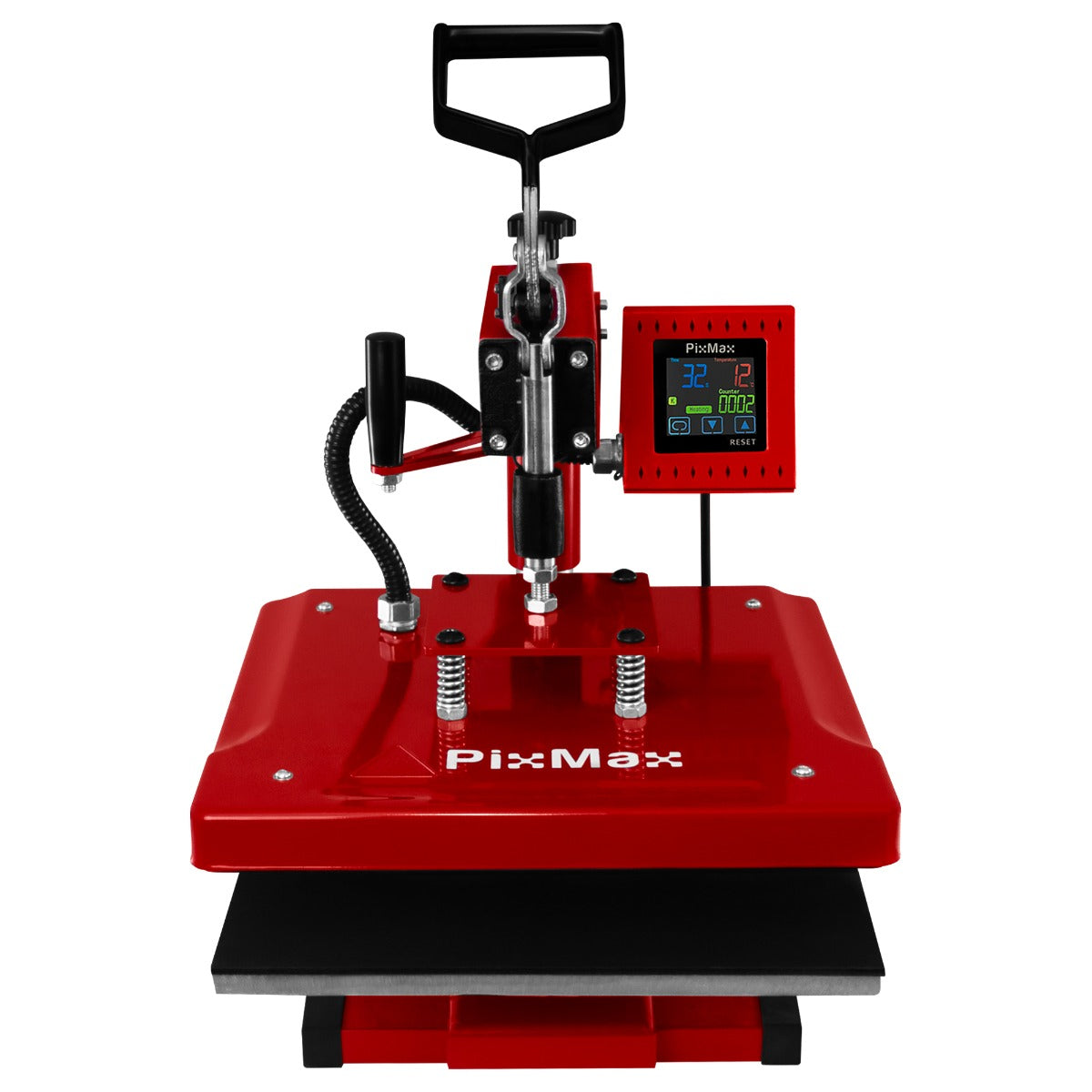 Presse à chaud pivotante PixMax rouge de 38 cm avec écran numérique, poignée ergonomique et surface de travail noire en silicone