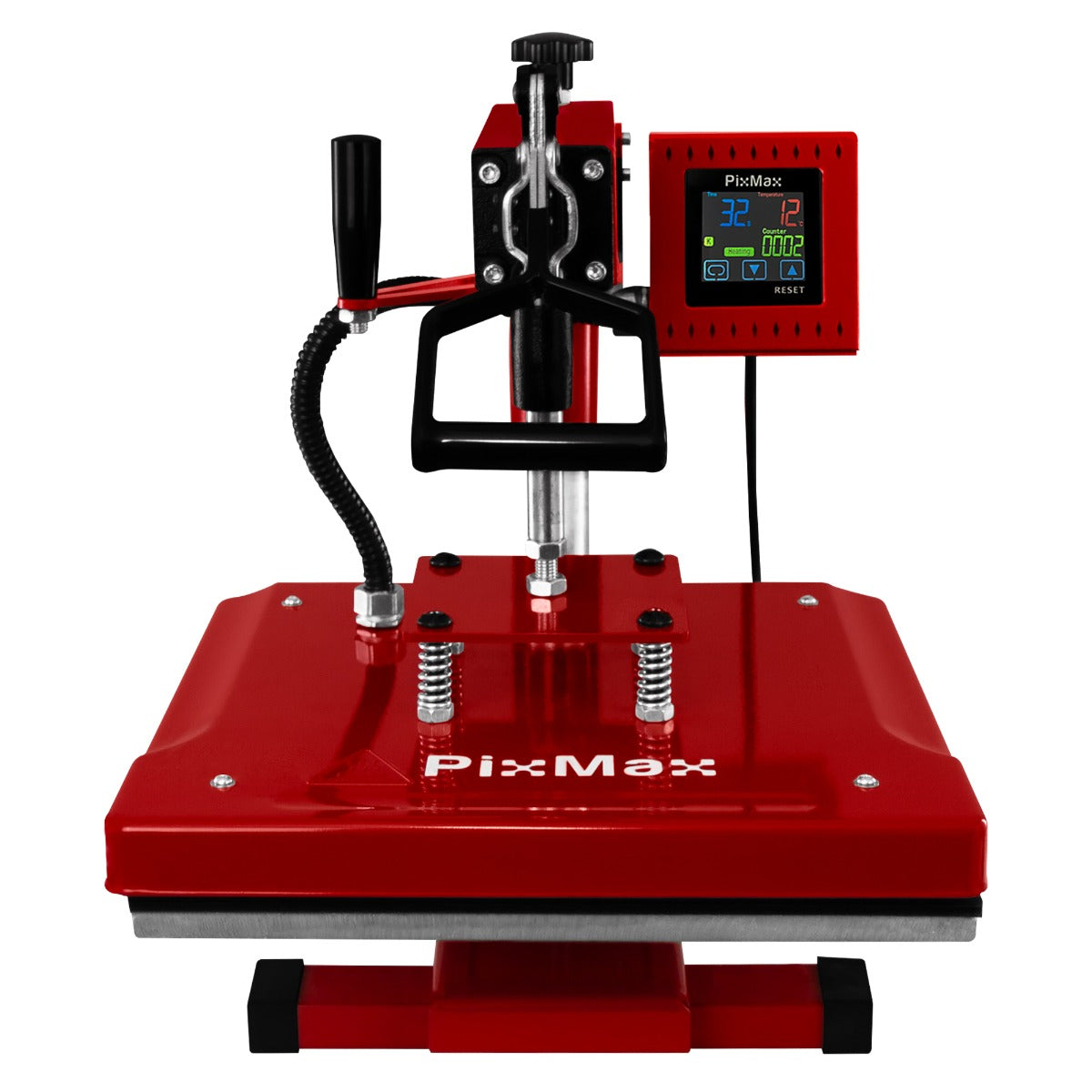 Presse à chaud PixMax rouge avec écran numérique, poignée ergonomique et base large pour des transferts de haute qualité