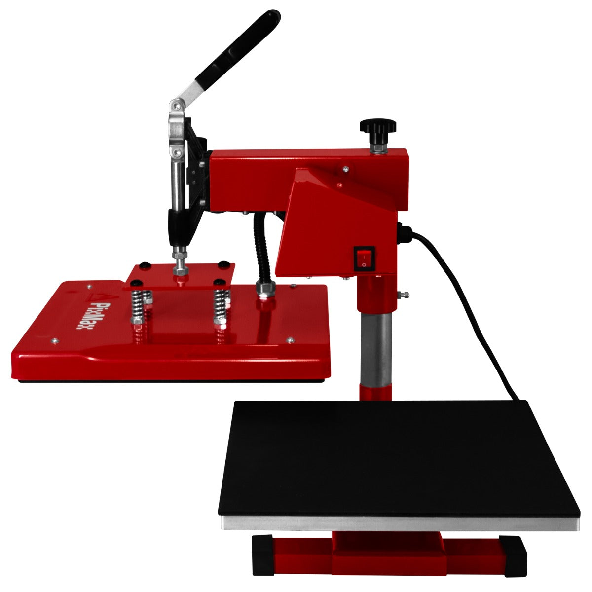 Presse à chaud pivotante rouge de 38 cm avec plateau noir, idéale pour le transfert d'images sur textiles et autres matériaux