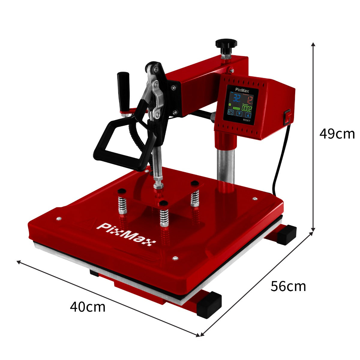 Presse à chaud pivotante PixMax rouge de 38 cm, avec écran numérique, base solide et poignées ergonomiques pour un usage facile