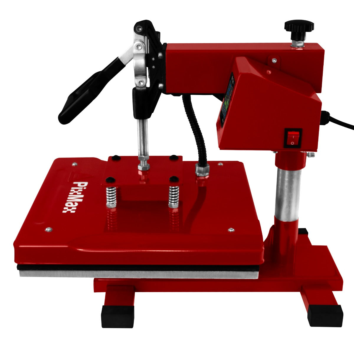 Presse à chaud pivotante PixMax rouge de 38 cm avec surface lisse, poignée ergonomique et réglage de température pour un transfert facile