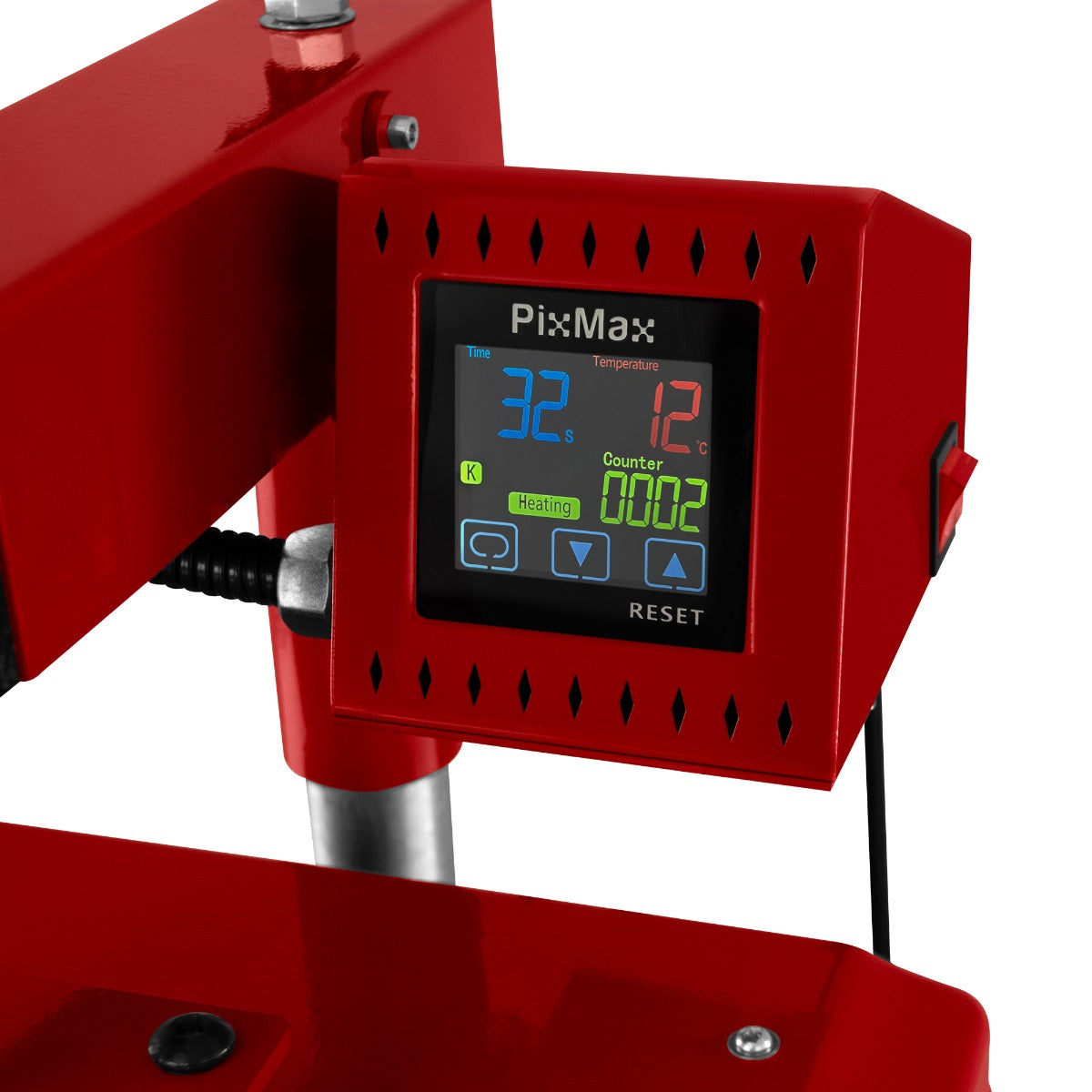 Écran numérique coloré du presse à chaud PixMax, affichant la température, le temps et le compteur, sur fond rouge vif et métal argenté