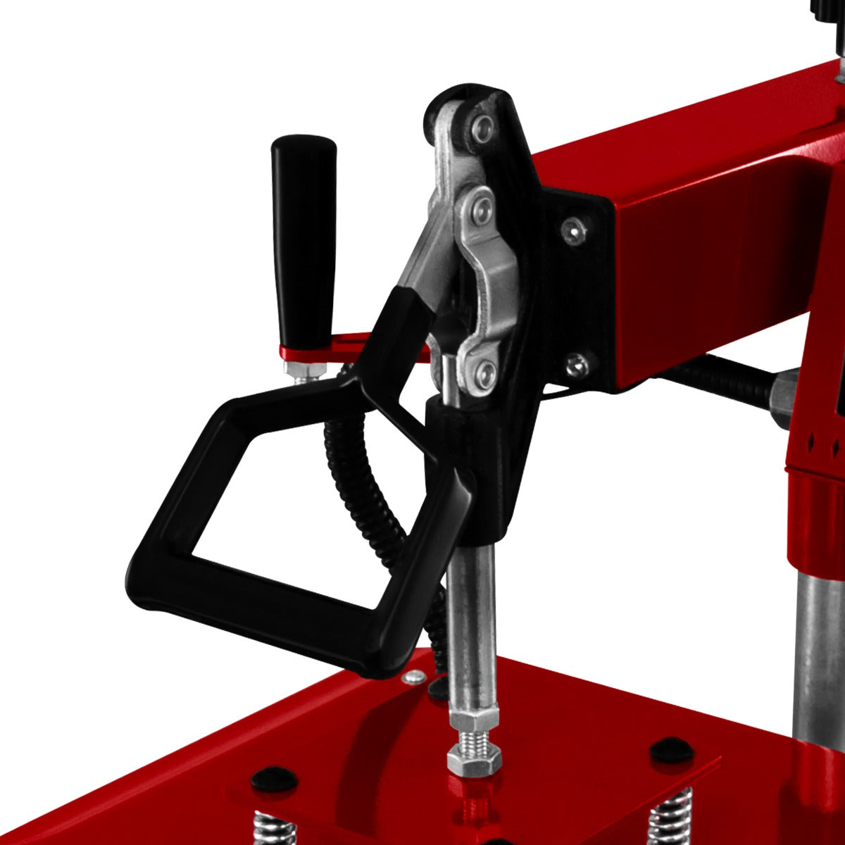 Presse à chaud pivotante rouge avec poignée ergonomique, mécanisme en métal et base stable, idéale pour le transfert de motifs