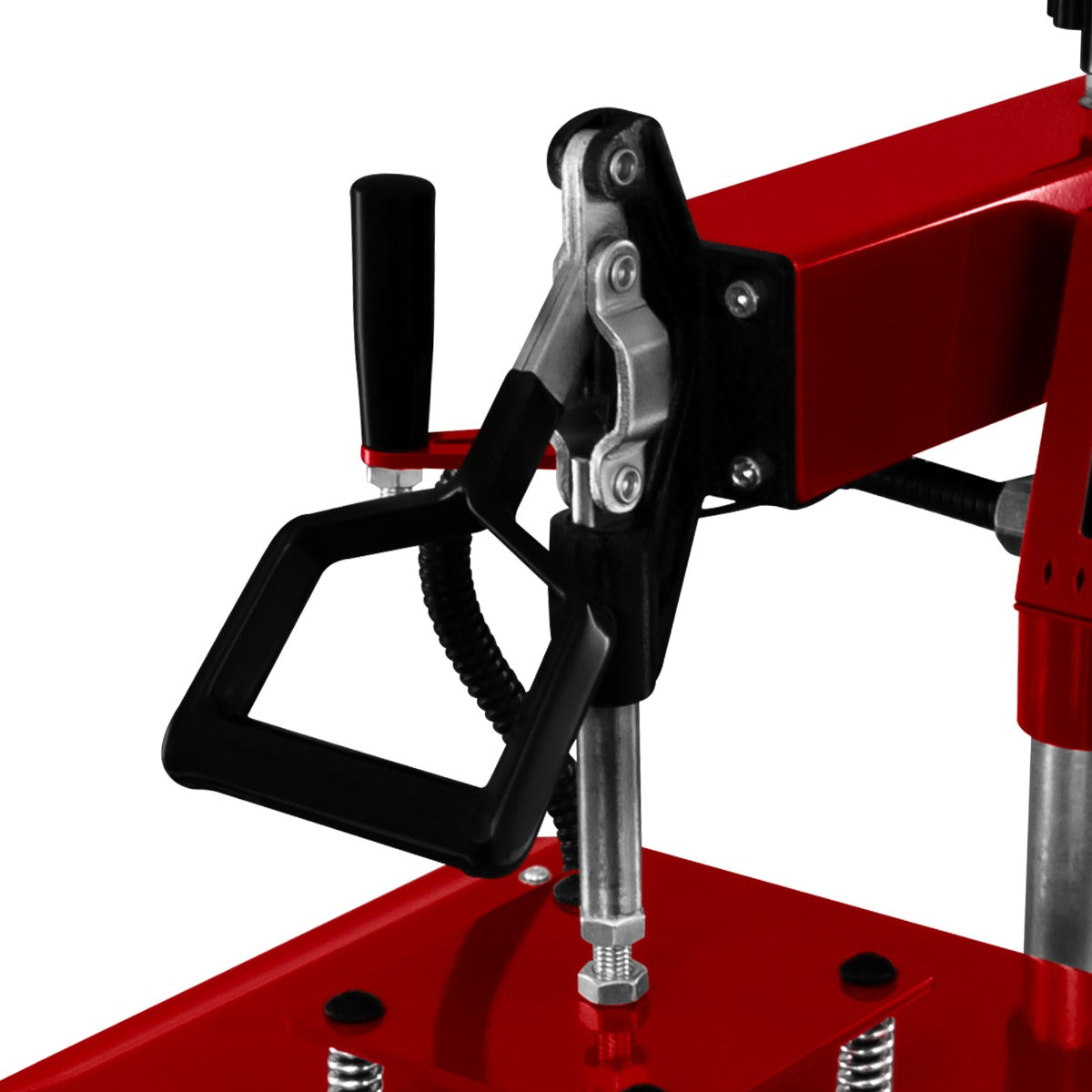 Presse à chaud pivotante rouge avec poignée noire, détails métalliques brillants et base robuste pour un usage professionnel