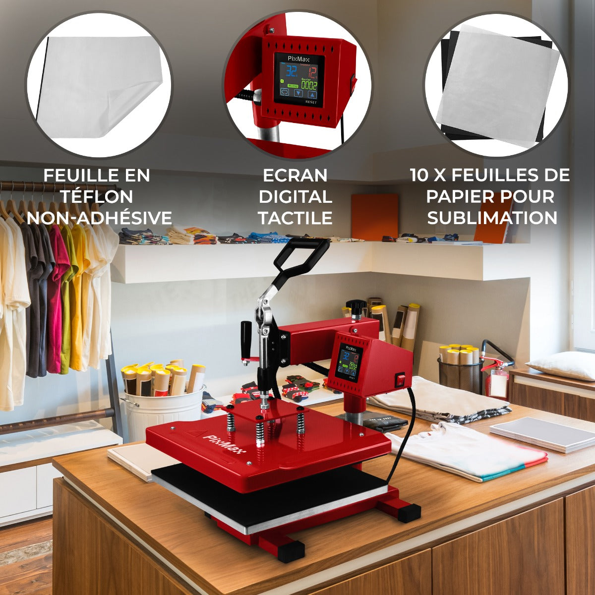 Presse à chaud rouge avec écran tactile, accompagnée de feuilles en PTFE antiadhésif et de papier pour sublimation sur un comptoir en bois