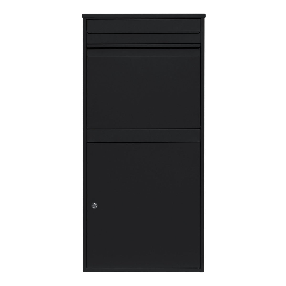 Boîte à colis XL anti-vol noire, design moderne, surface lisse, serrure sécurisée, idéale pour la livraison à plat