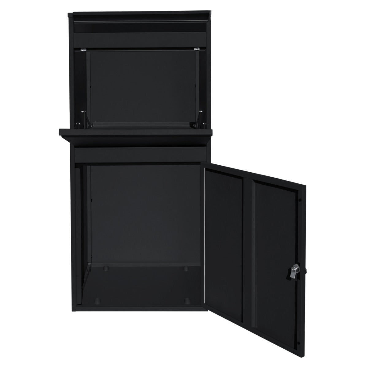 Boîte à colis XL anti-vol noire, conçue en métal, avec une finition lisse, porte verrouillable et espace intérieur spacieux pour livraisons sécurisées