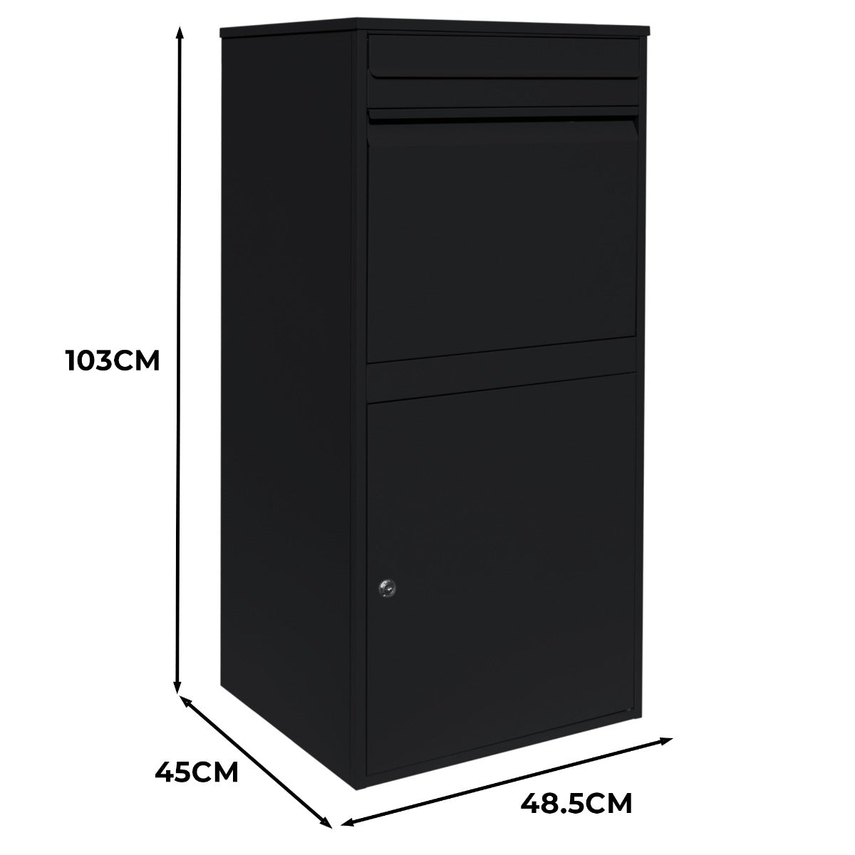 Boîte à colis XL anti-vol noire, design moderne, dimensions 103 cm de hauteur, 45 cm de largeur, texture lisse et finition élégante