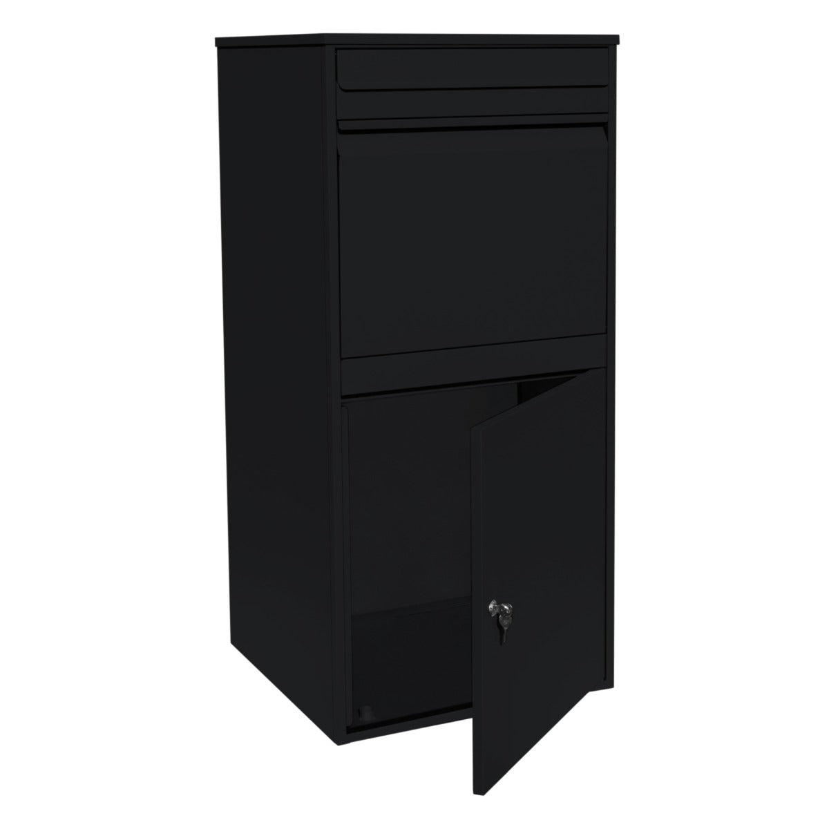 Boîte à colis XL anti-vol noire, design moderne, finition lisse, avec un compartiment supérieur et une porte verrouillable en bas